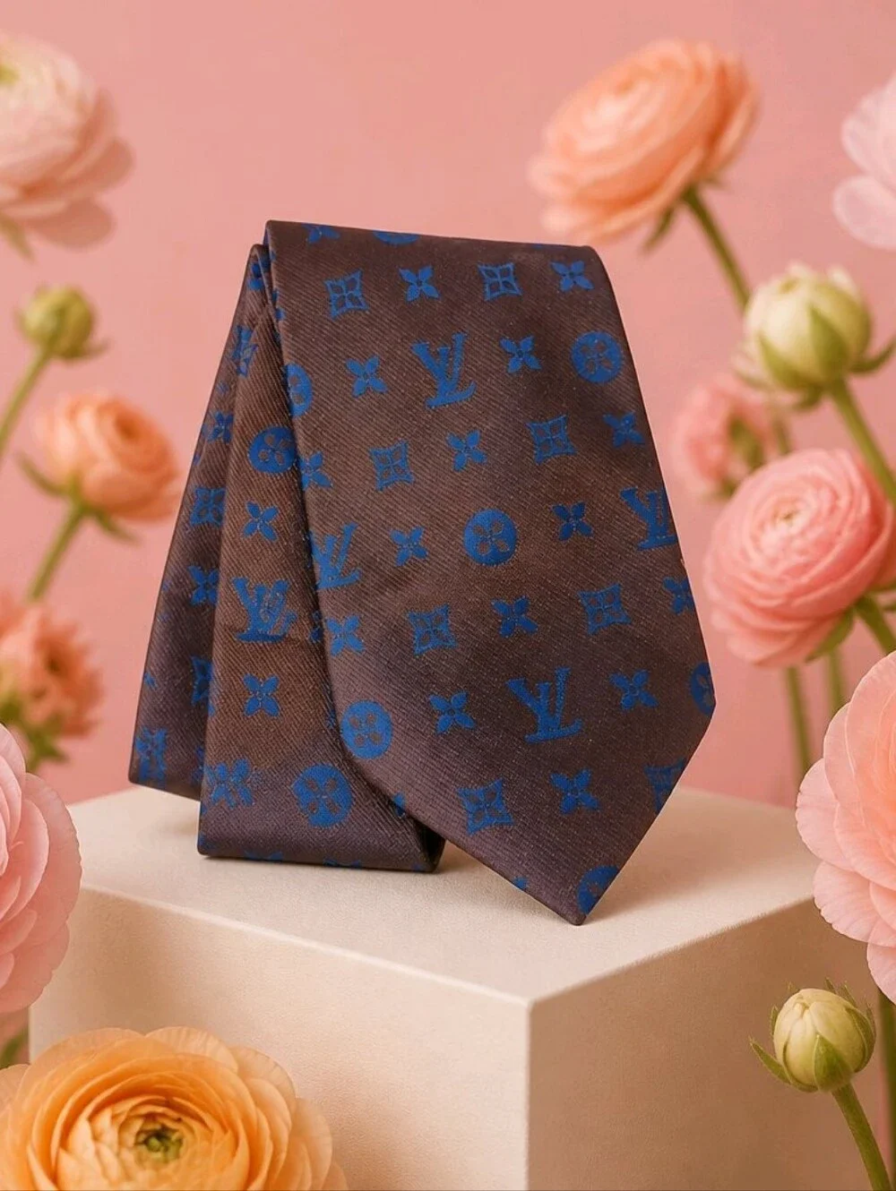 Vintage Louis Vuitton Brown Tie with Blue Monogram Geometric Design (1169)